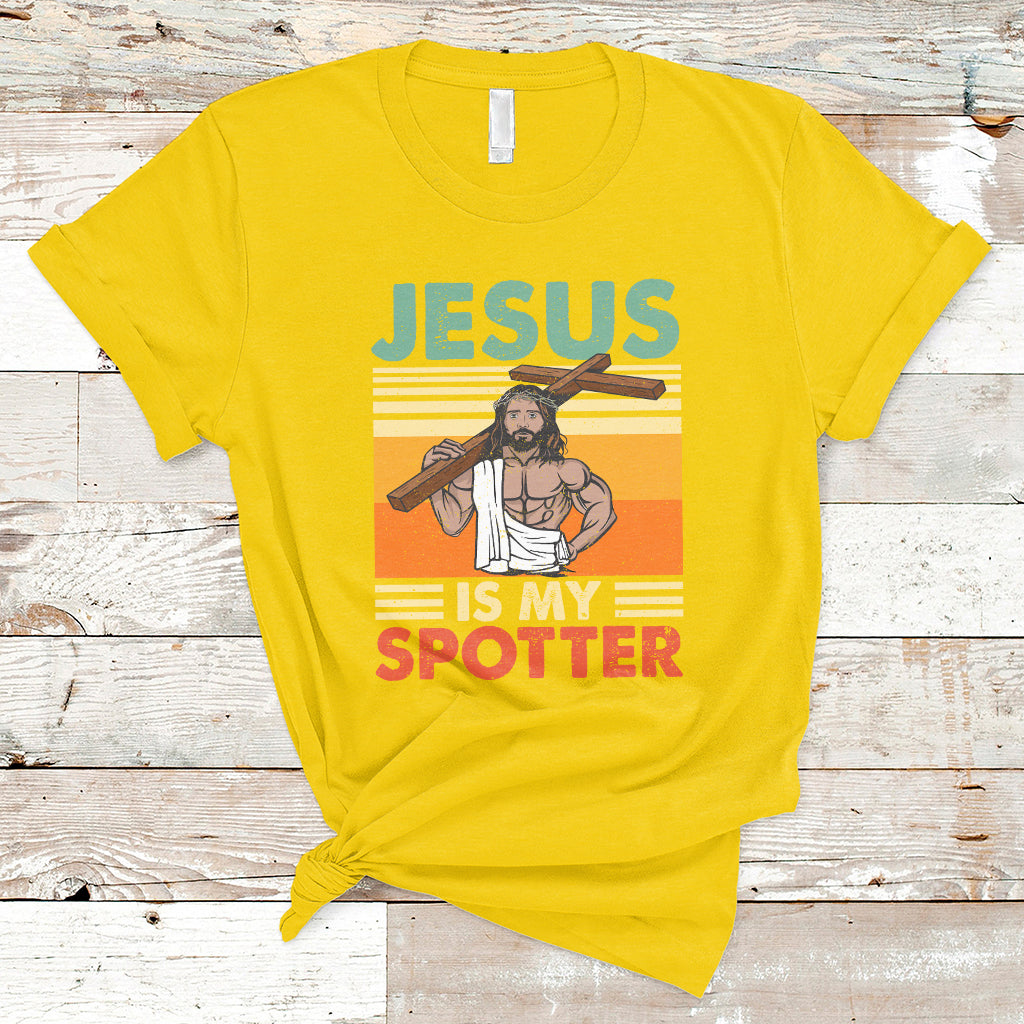Funny Gym Shirt Jesus Is My Spotter Funny Workout Jesus Chistian Cross Vintage, Funny Jesus Shirt, Jesus Believer, Religious Shirt T-Shirt - Wonder Print Shop