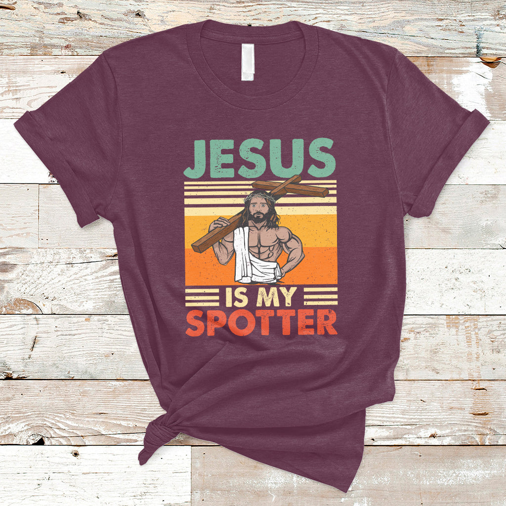 Funny Gym Shirt Jesus Is My Spotter Funny Workout Jesus Chistian Cross Vintage, Funny Jesus Shirt, Jesus Believer, Religious Shirt T-Shirt - Wonder Print Shop