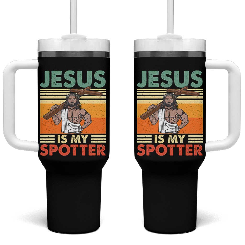 Jesus Is My Spotter Tumbler With Handle Funny Gym Christian Fitness