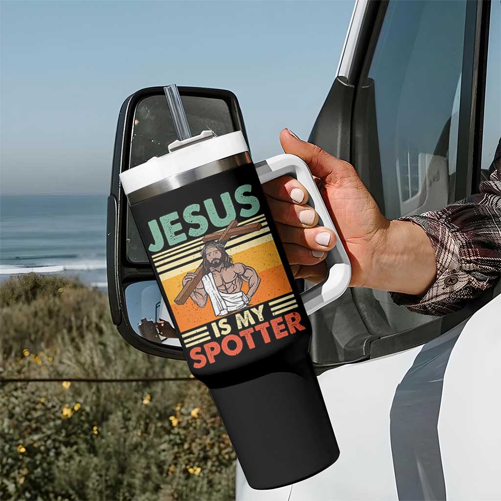 Jesus Is My Spotter Tumbler With Handle Funny Gym Christian Fitness