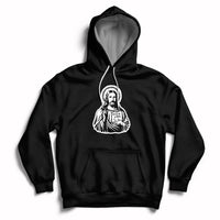 Black hoodie with front kangaroo pocket and Jesus graphic on chest, drawstring hood.
