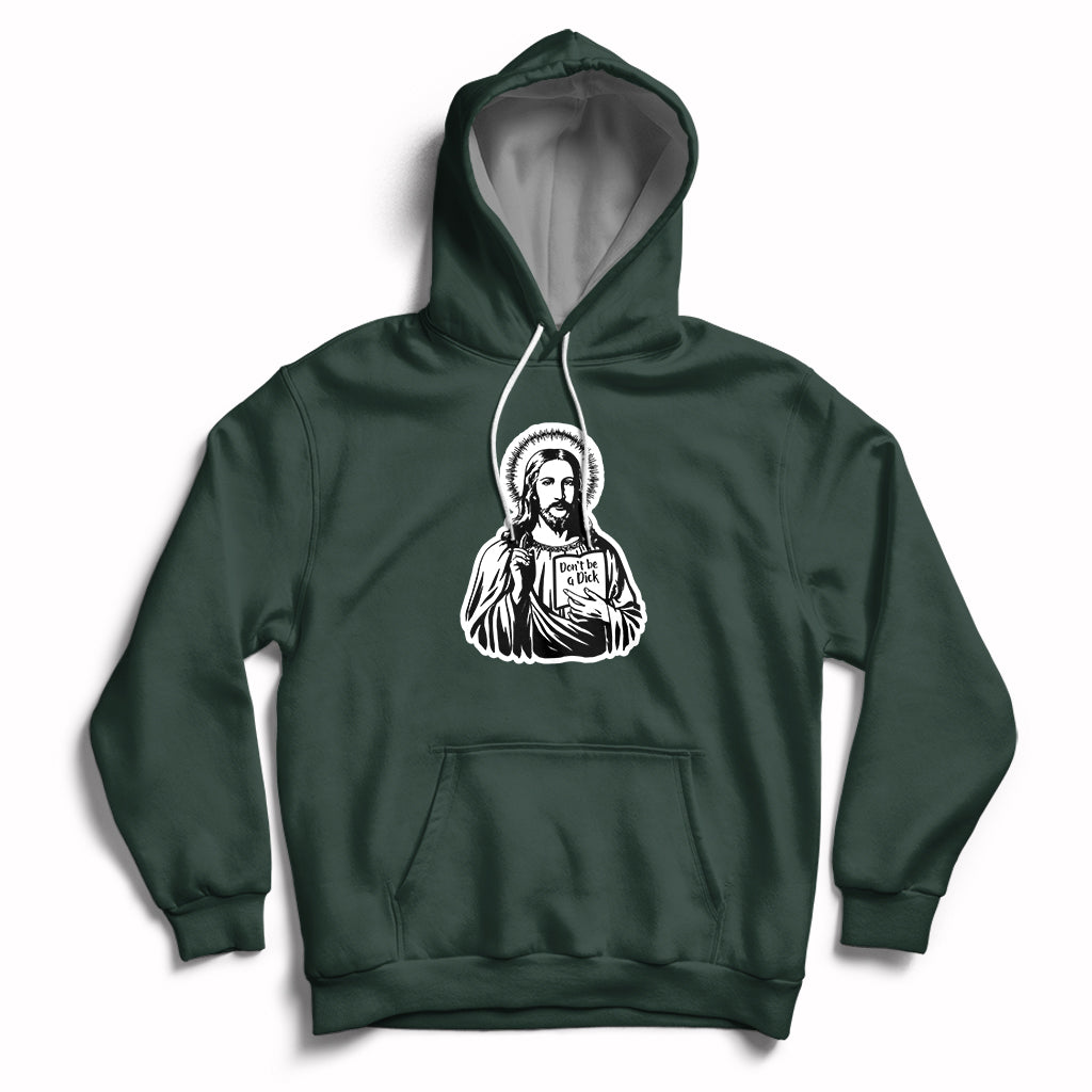 Forest green hoodie with front kangaroo pocket and Jesus graphic on chest, drawstring hood.