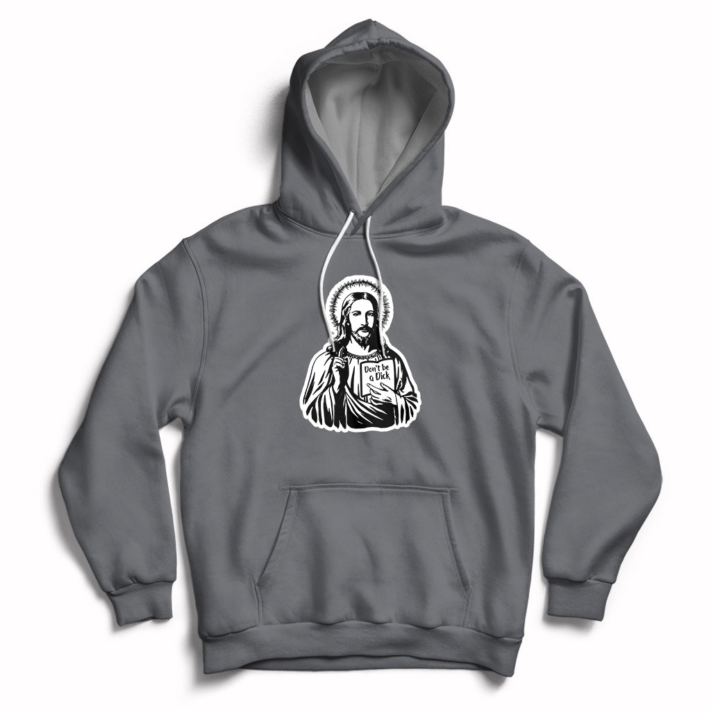 Charcoal gray hoodie with front kangaroo pocket and Jesus graphic on chest, drawstring hood.