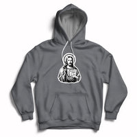 Charcoal gray hoodie with front kangaroo pocket and Jesus graphic on chest, drawstring hood.