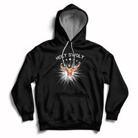 Black pullover hoodie with front pocket, drawstring hood, and Jesus chest graphic