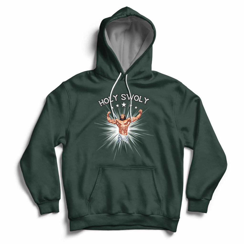Forest green pullover hoodie with front pocket, drawstring hood, and Jesus chest graphic