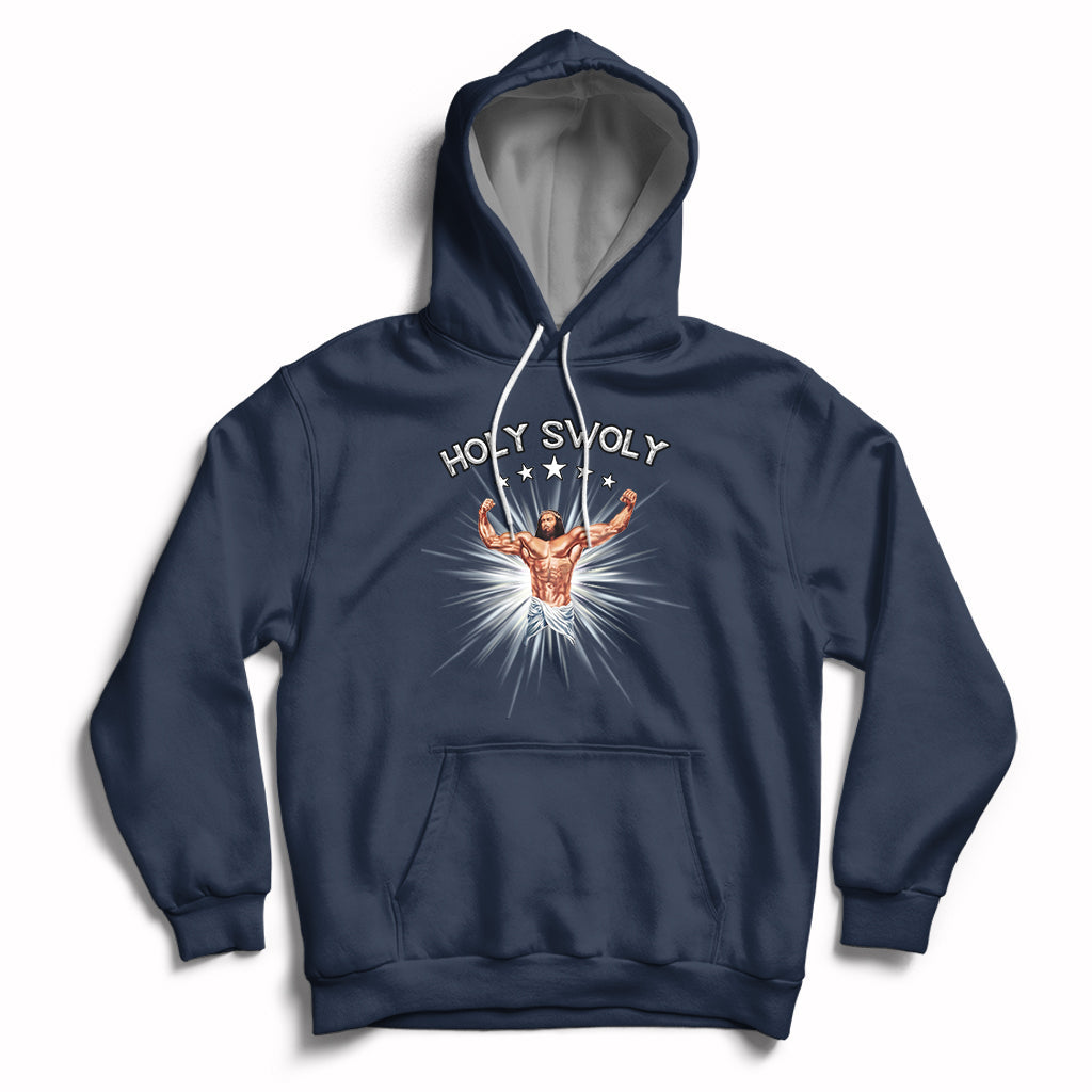 Navy pullover hoodie with front pocket, drawstring hood, and Jesus chest graphic