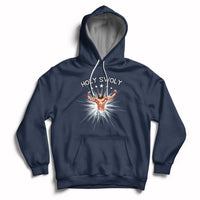 Navy pullover hoodie with front pocket, drawstring hood, and Jesus chest graphic