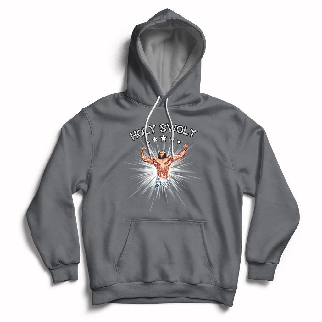 Charcoal gray pullover hoodie with front pocket, drawstring hood, and Jesus chest graphic