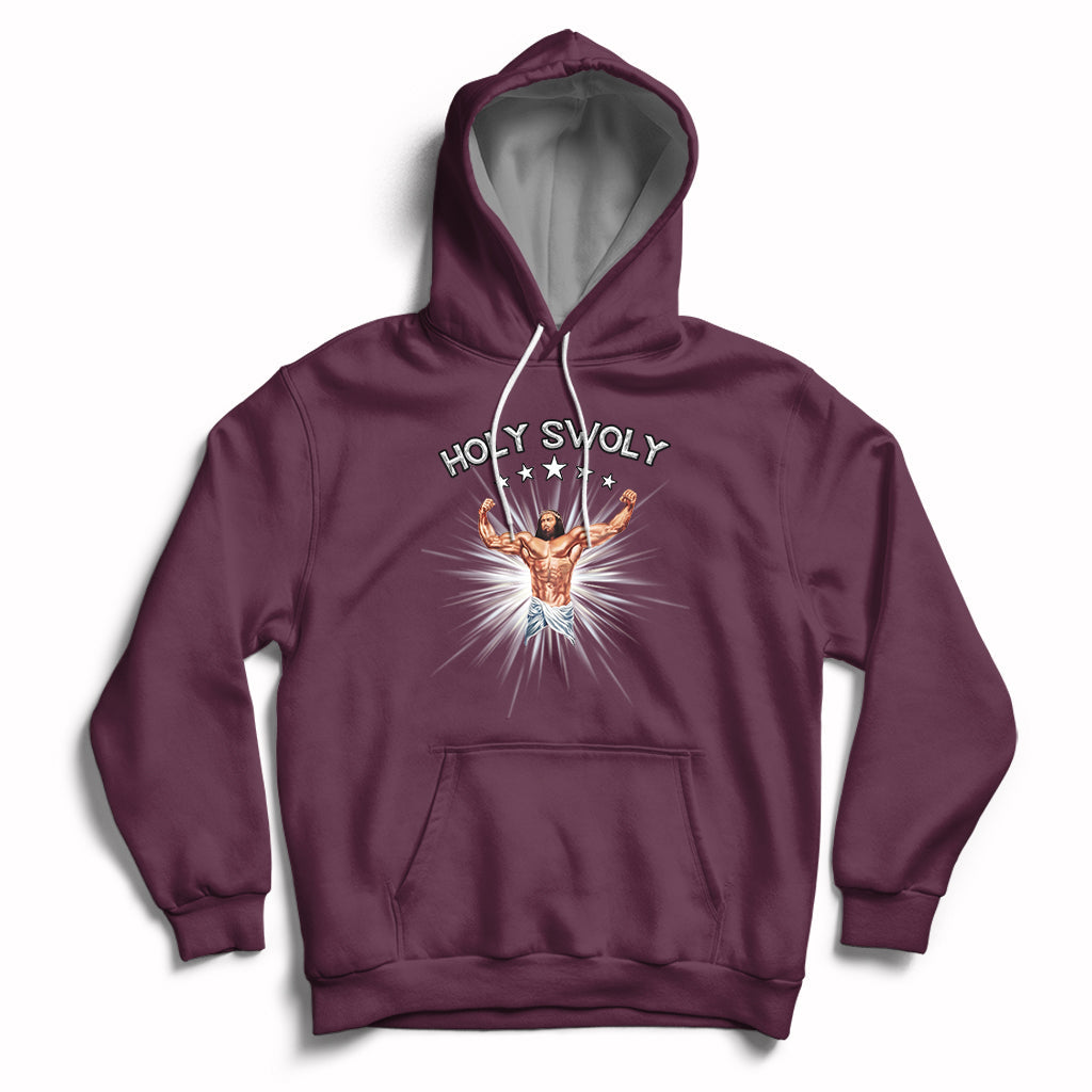 Maroon pullover hoodie with front pocket, drawstring hood, and Jesus chest graphic