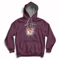 Maroon pullover hoodie with front pocket, drawstring hood, and Jesus chest graphic