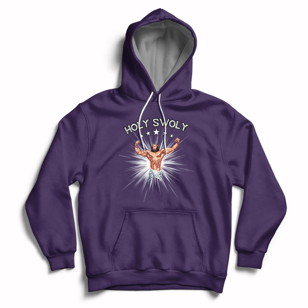 Purple pullover hoodie with front pocket, drawstring hood, and Jesus chest graphic