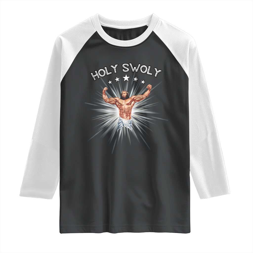 Holy Swoly Raglan Shirt Funny Jesus Workout Motivation Bodybuilding Fitness