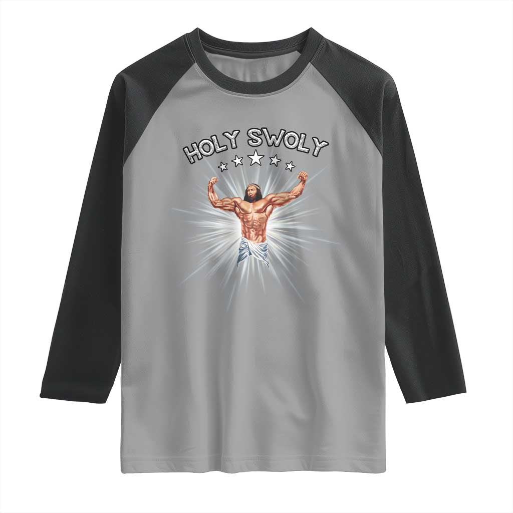 Holy Swoly Raglan Shirt Funny Jesus Workout Motivation Bodybuilding Fitness