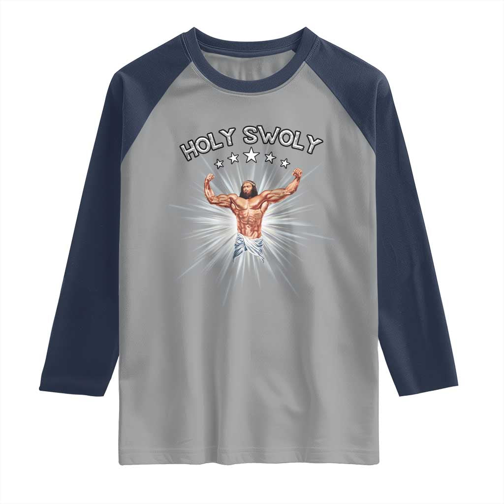 Holy Swoly Raglan Shirt Funny Jesus Workout Motivation Bodybuilding Fitness