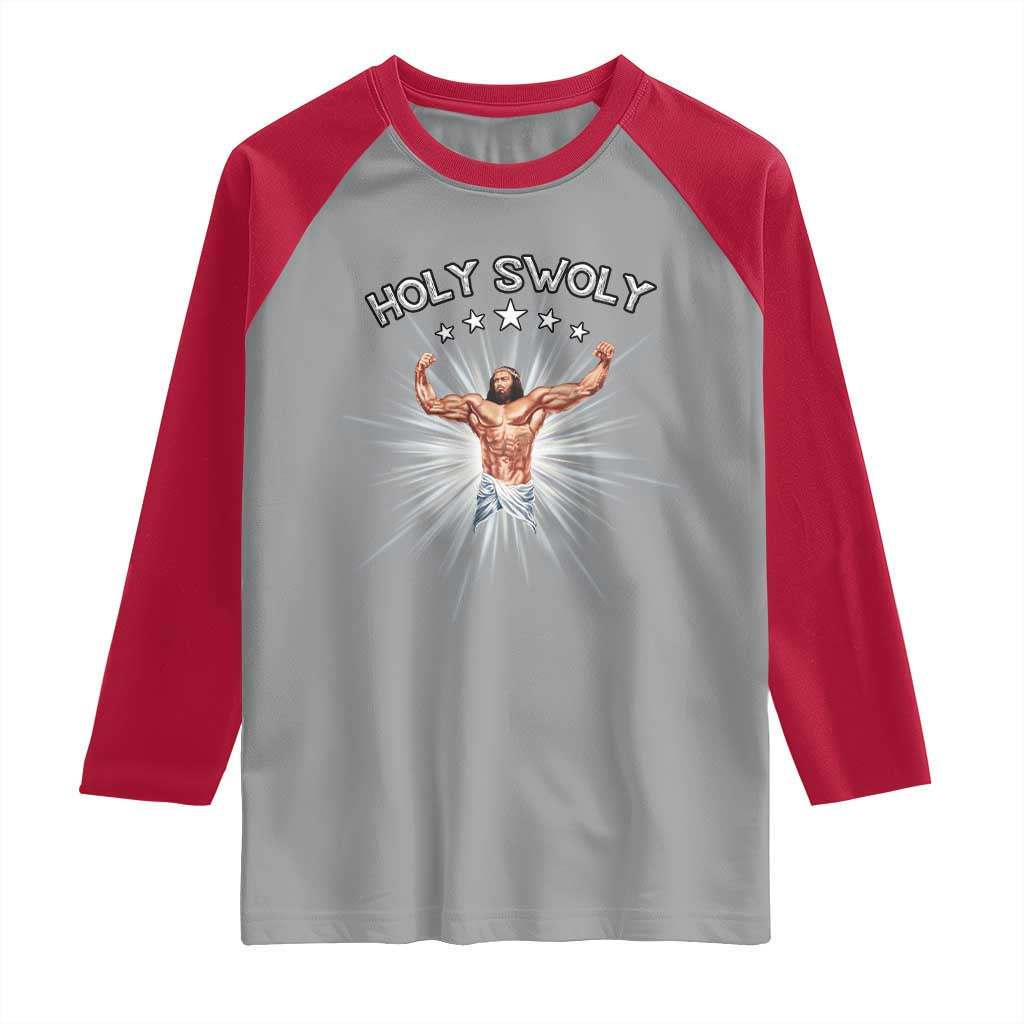 Holy Swoly Raglan Shirt Funny Jesus Workout Motivation Bodybuilding Fitness