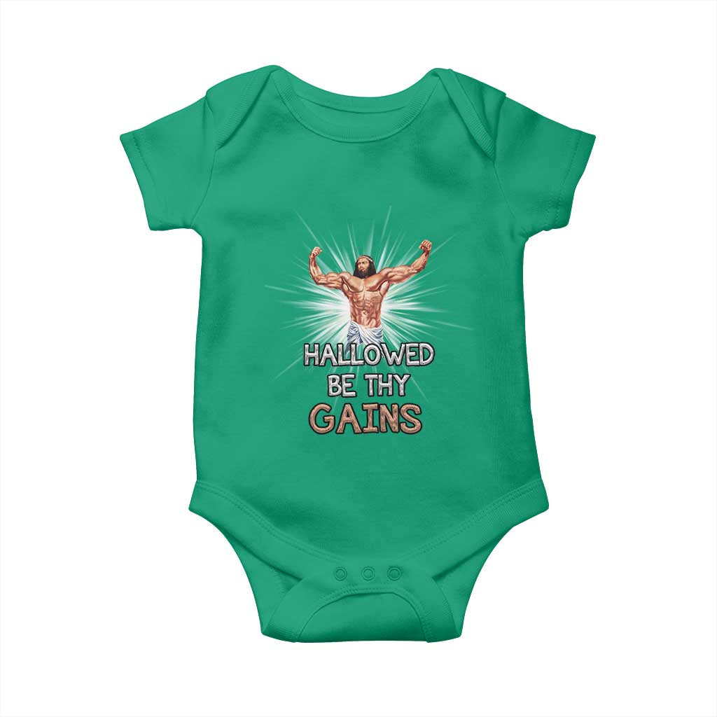 Hallowed Be Thy Gains Baby Onesie Funny Jesus Workout Motivation Bodybuilding Fitness