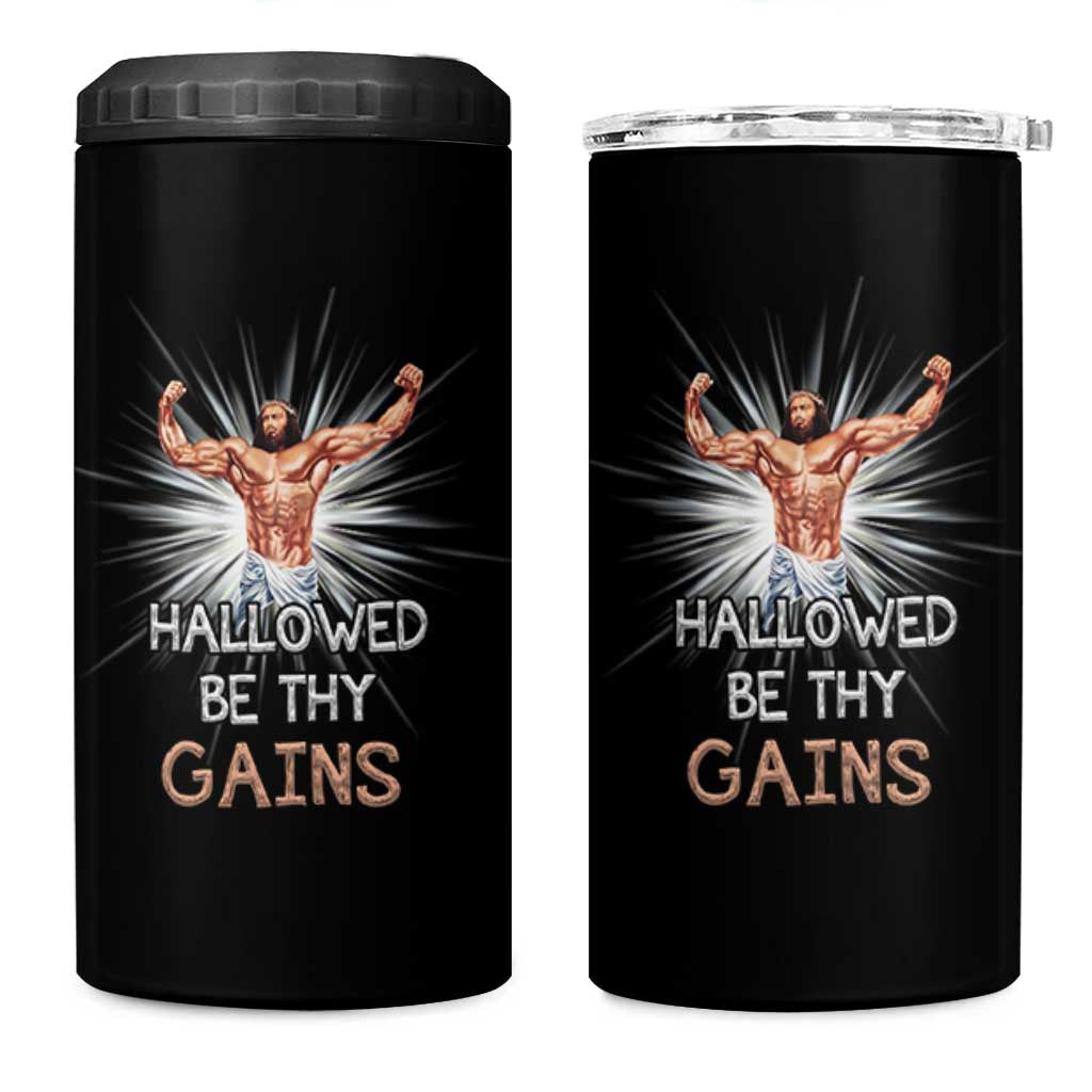 Hallowed Be Thy Gains 4 in 1 Can Cooler Tumbler Funny Jesus Workout Motivation Bodybuilding Fitness