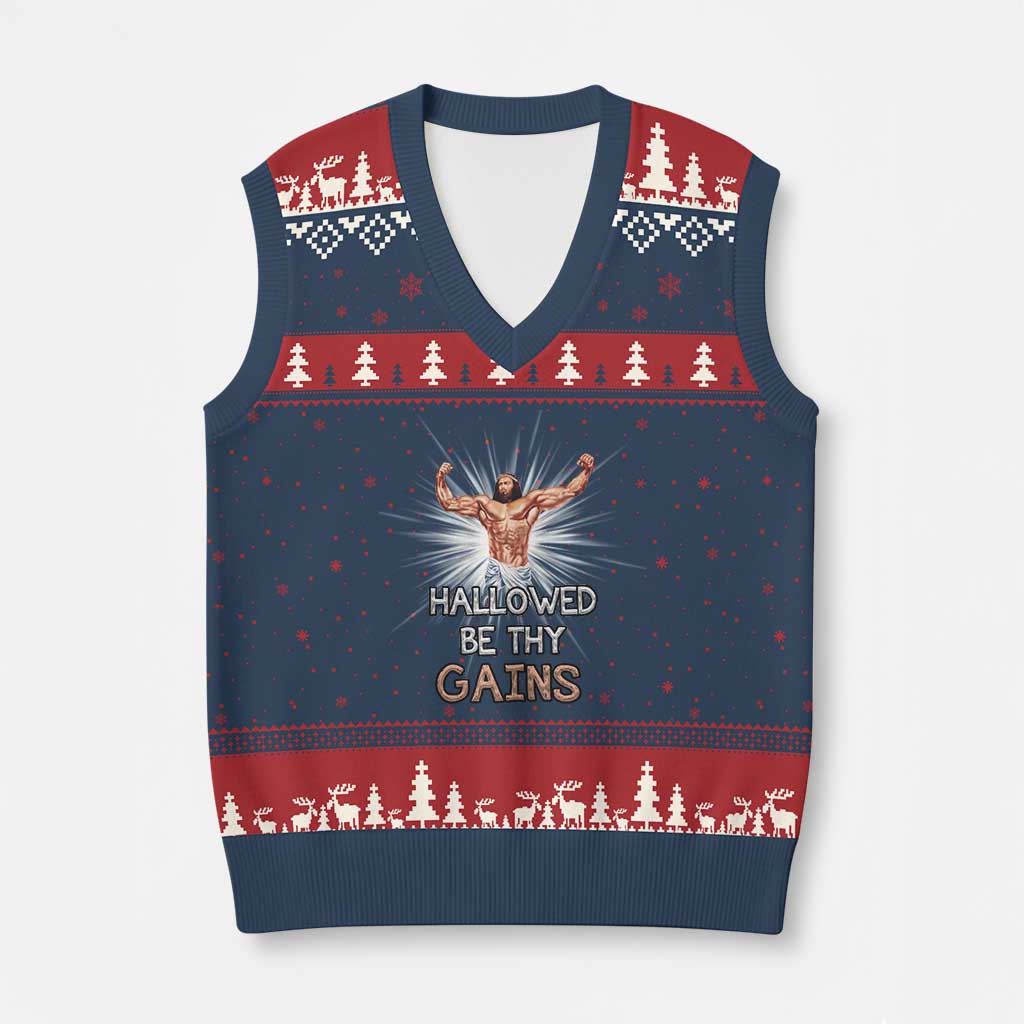 Hallowed Be Thy Gains V-Neck Knit Sweater Vest Funny Jesus Workout Motivation Bodybuilding Fitness - Wonder Print Shop
