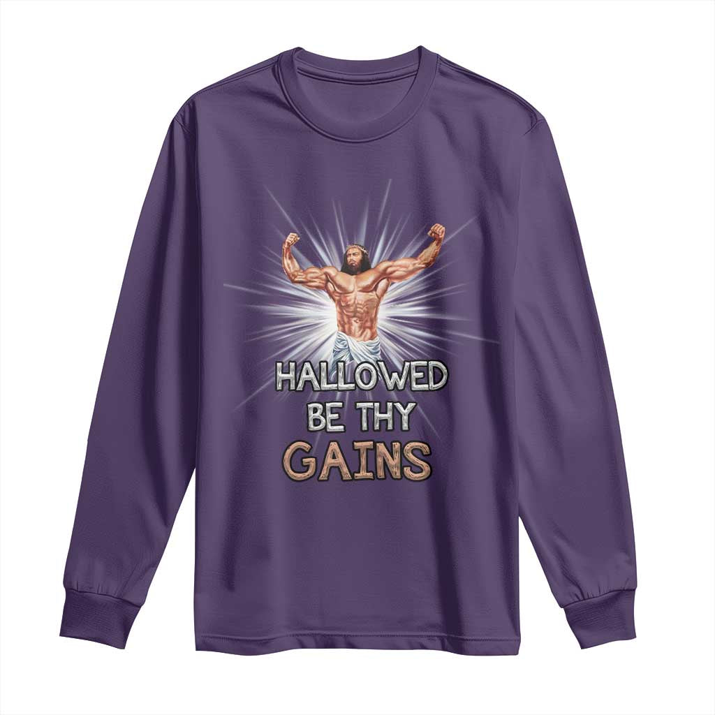 Hallowed Be Thy Gains Long Sleeve Shirt Funny Jesus Workout Motivation Bodybuilding Fitness