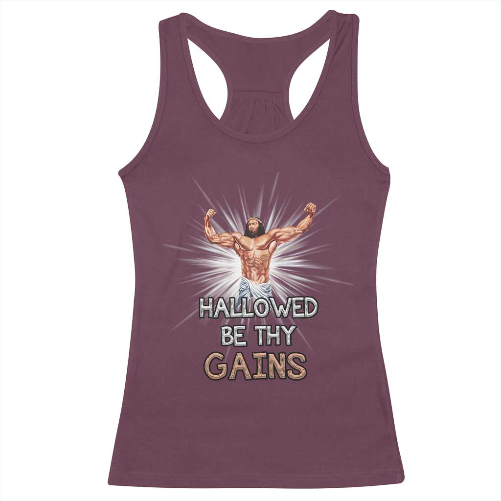 Hallowed Be Thy Gains Racerback Tank Top Funny Jesus Workout Motivation Bodybuilding Fitness