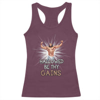 Hallowed Be Thy Gains Racerback Tank Top Funny Jesus Workout Motivation Bodybuilding Fitness