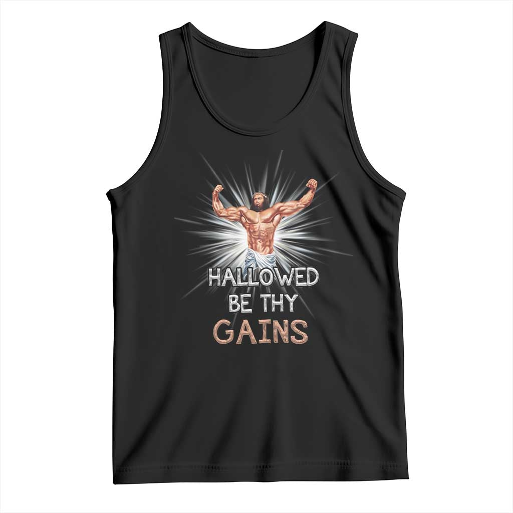 Hallowed Be Thy Gains Tank Top Funny Jesus Workout Motivation Bodybuilding Fitness