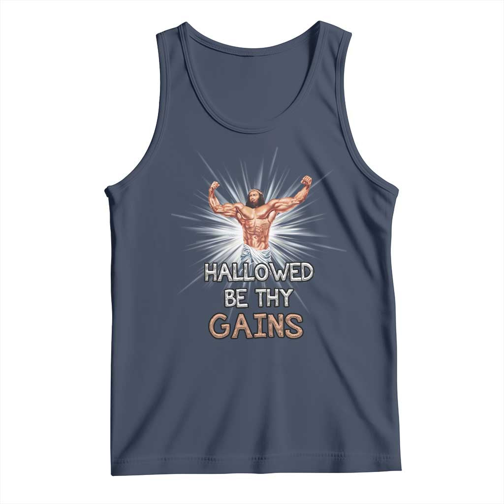 Hallowed Be Thy Gains Tank Top Funny Jesus Workout Motivation Bodybuilding Fitness