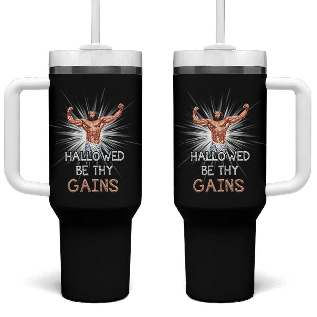 Hallowed Be Thy Gains Tumbler With Handle Funny Jesus Workout Motivation Bodybuilding Fitness