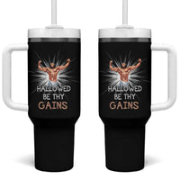 Hallowed Be Thy Gains Tumbler With Handle Funny Jesus Workout Motivation Bodybuilding Fitness