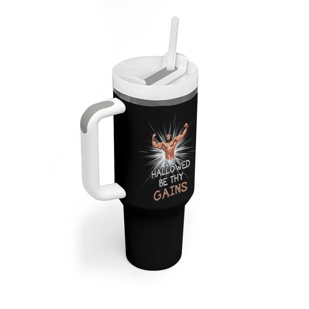 Hallowed Be Thy Gains Tumbler With Handle Funny Jesus Workout Motivation Bodybuilding Fitness