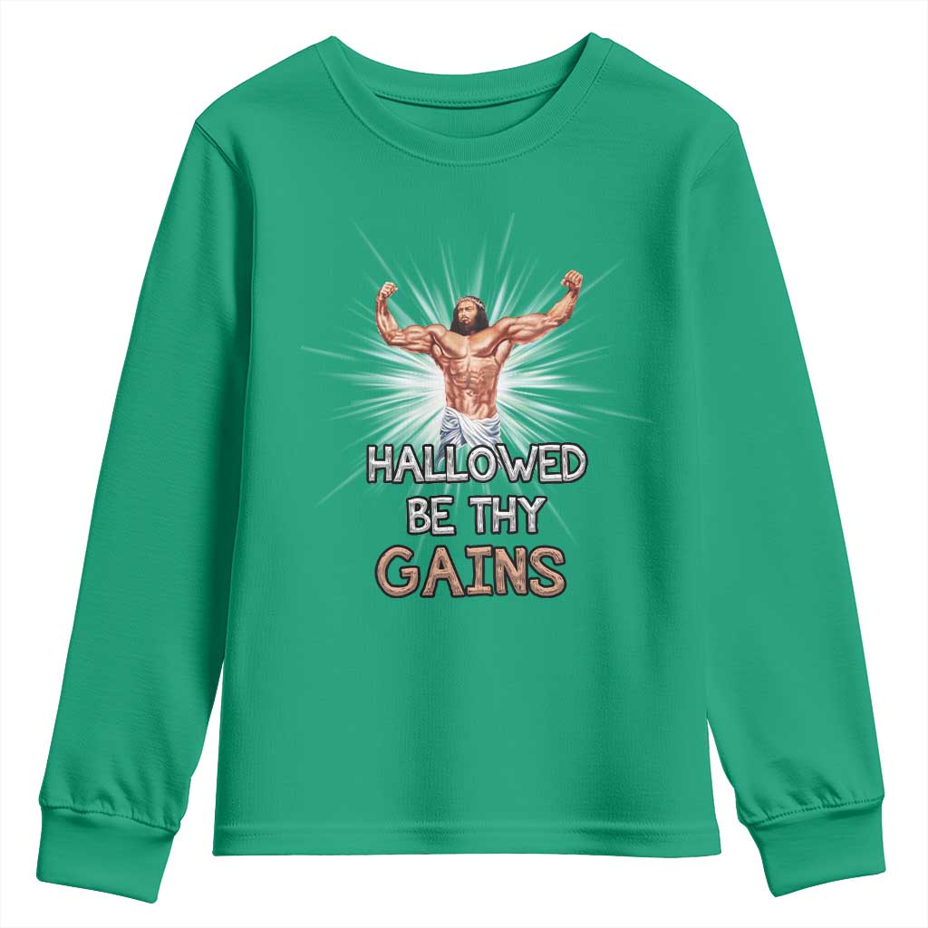 Hallowed Be Thy Gains Youth Sweatshirt Funny Jesus Workout Motivation Bodybuilding Fitness