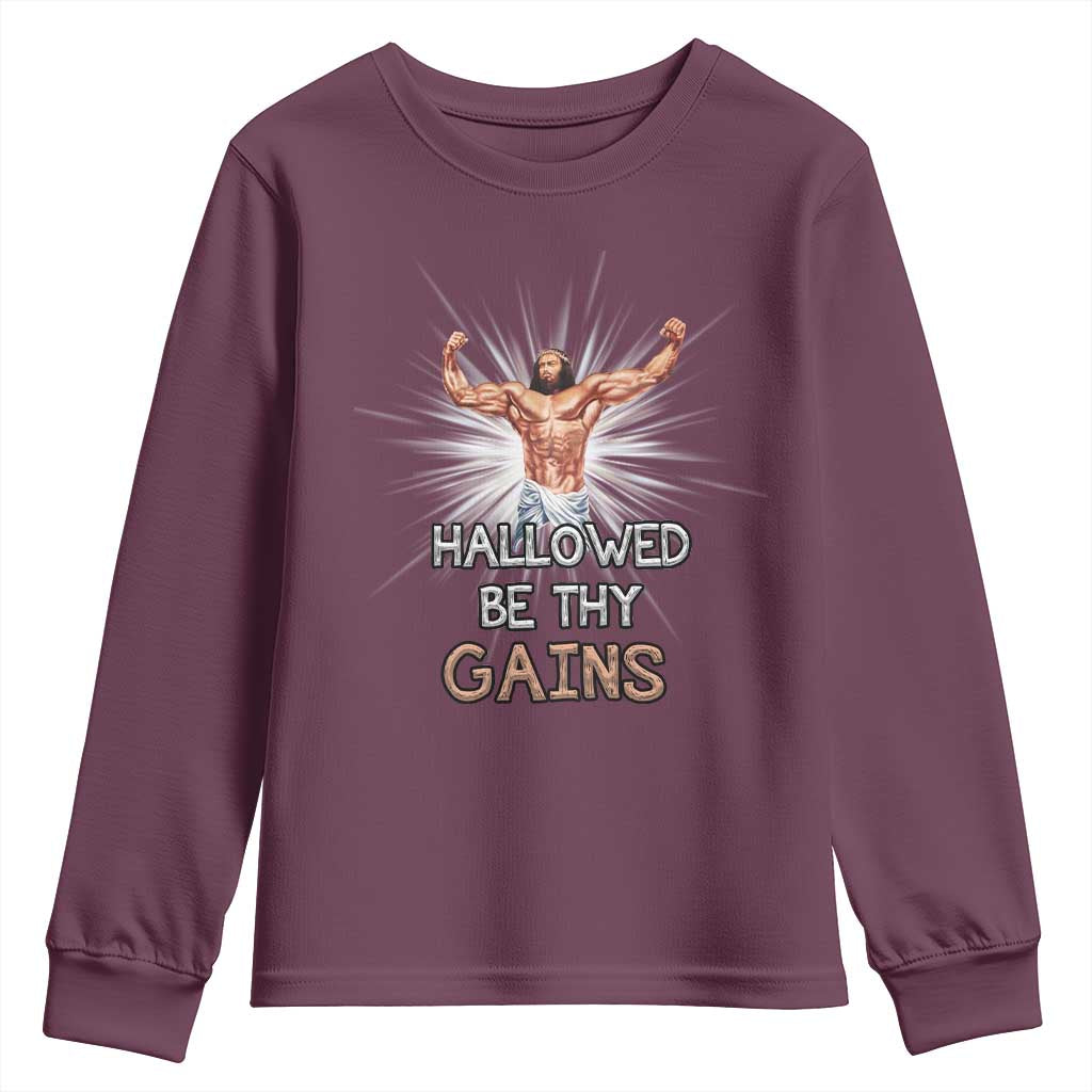 Hallowed Be Thy Gains Youth Sweatshirt Funny Jesus Workout Motivation Bodybuilding Fitness