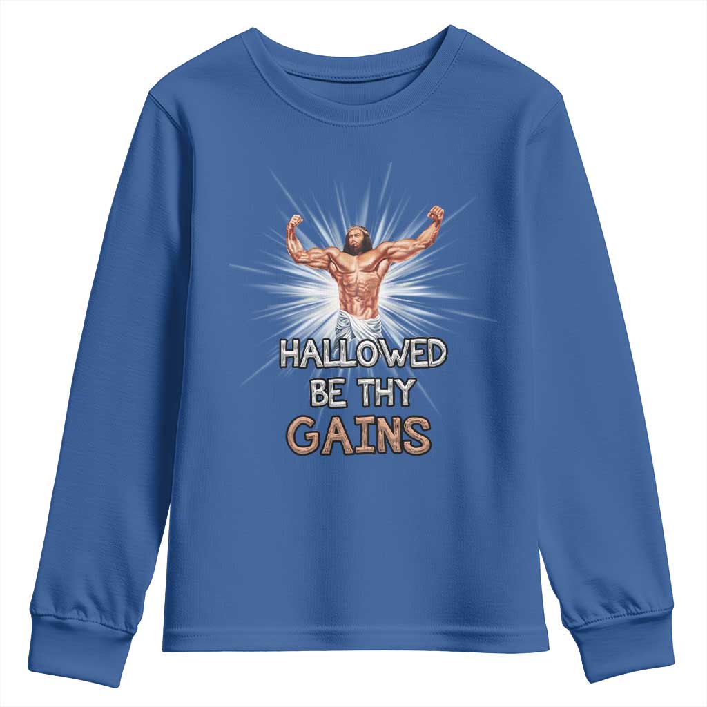 Hallowed Be Thy Gains Youth Sweatshirt Funny Jesus Workout Motivation Bodybuilding Fitness
