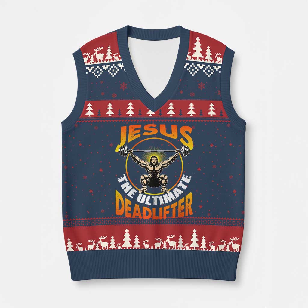 Jesus The Ultimate Deadlifter V-Neck Knit Sweater Vest Funny Jesus Workout Motivation Bodybuilding Fitness - Wonder Print Shop