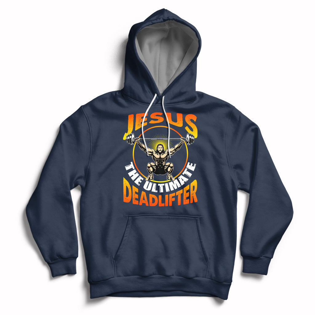 Navy pullover hoodie with colorful “Jesus the Ultimate Deadlifter” lifting graphic on front