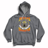 Charcoal gray pullover hoodie with colorful “Jesus the Ultimate Deadlifter” lifting graphic on front