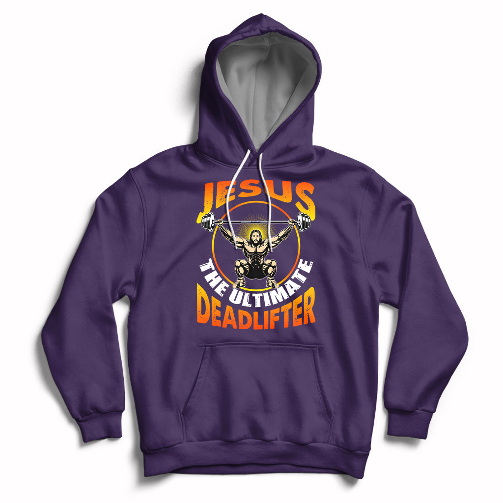 Purple pullover hoodie with colorful “Jesus the Ultimate Deadlifter” lifting graphic on front