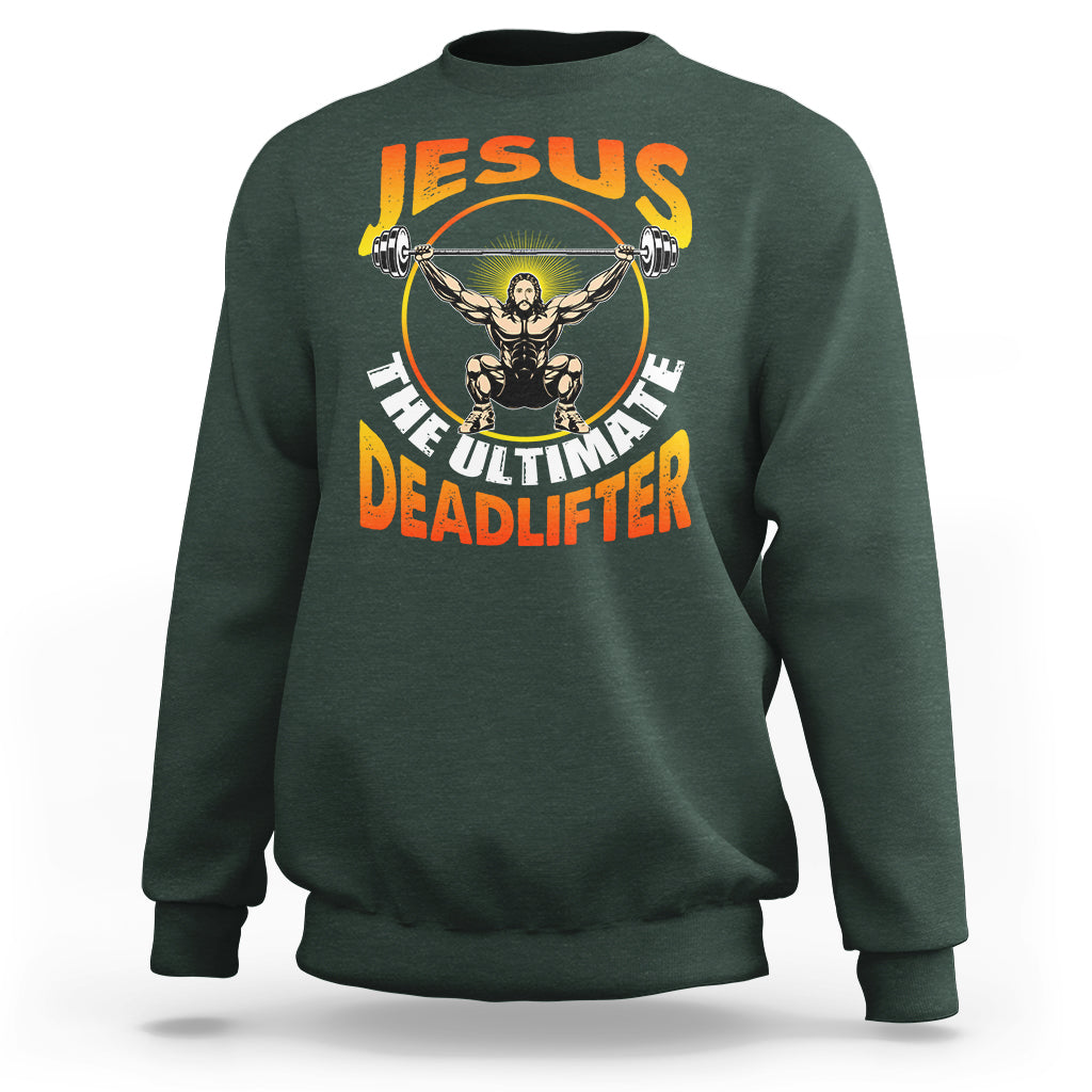 Forest green crewneck sweatshirt with Jesus and deadlifter barbell graphic on back