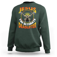 Forest green crewneck sweatshirt with Jesus and deadlifter barbell graphic on back
