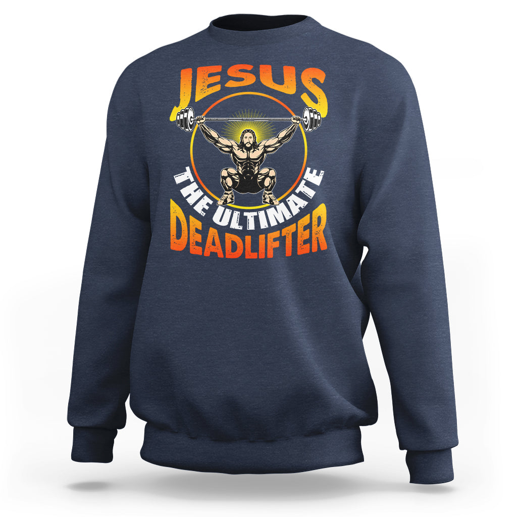 Navy crewneck sweatshirt with Jesus and deadlifter barbell graphic on back