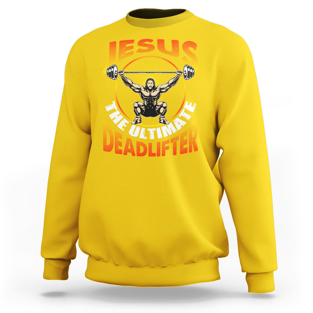 Daisy yellow crewneck sweatshirt with Jesus and deadlifter barbell graphic on back