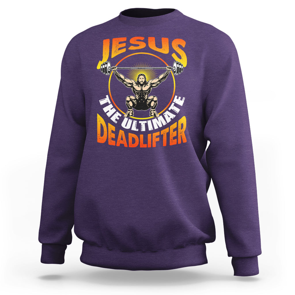 Purple crewneck sweatshirt with Jesus and deadlifter barbell graphic on back