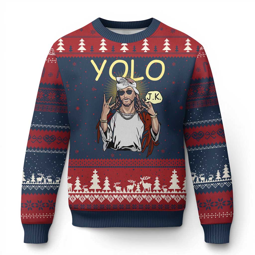 Funny Jesus YOLO JK Ugly Christmas Sweater Just Kidding Funny Christian Religious - Wonder Print Shop