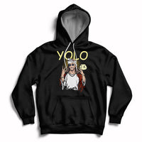 Black pullover hoodie with front graphic and kangaroo pocket, drawstring hood.