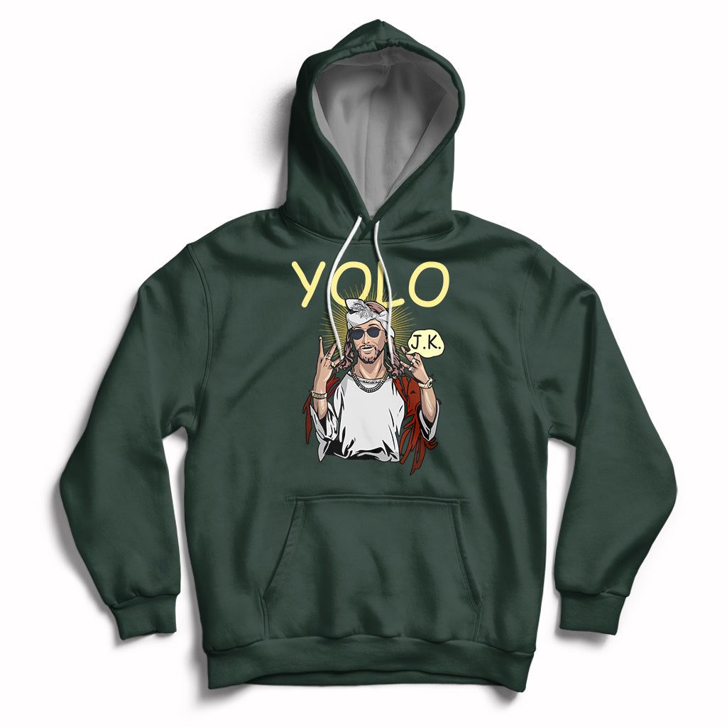 Forest green pullover hoodie with front graphic and kangaroo pocket, drawstring hood.
