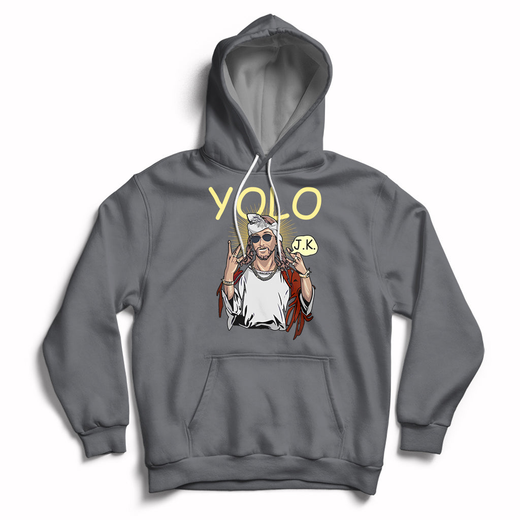Charcoal gray pullover hoodie with front graphic and kangaroo pocket, drawstring hood.