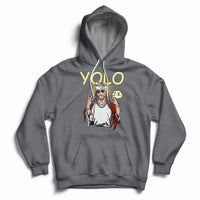 Charcoal gray pullover hoodie with front graphic and kangaroo pocket, drawstring hood.