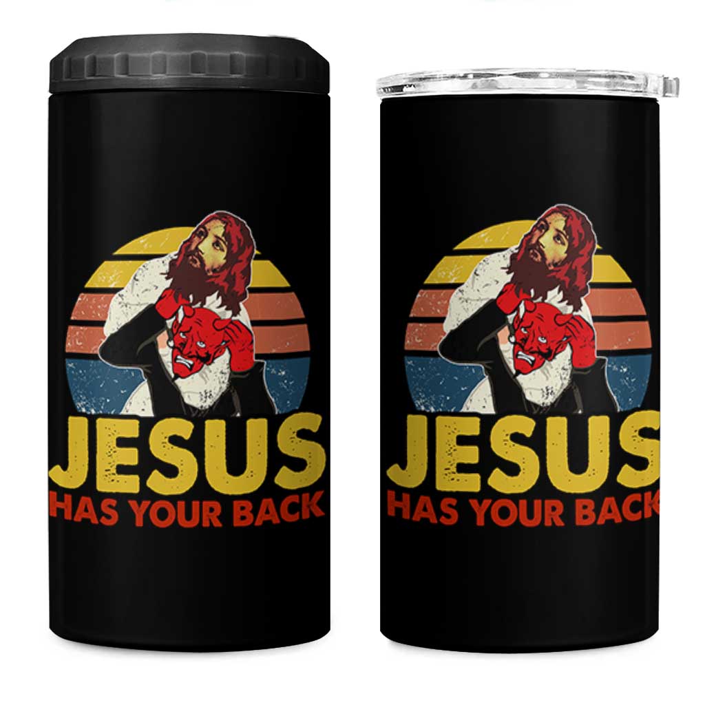 Funny Jesus Satan Meme 4 in 1 Can Cooler Tumbler Has Your Back Jiu Jitsu Retro Religious Christian
