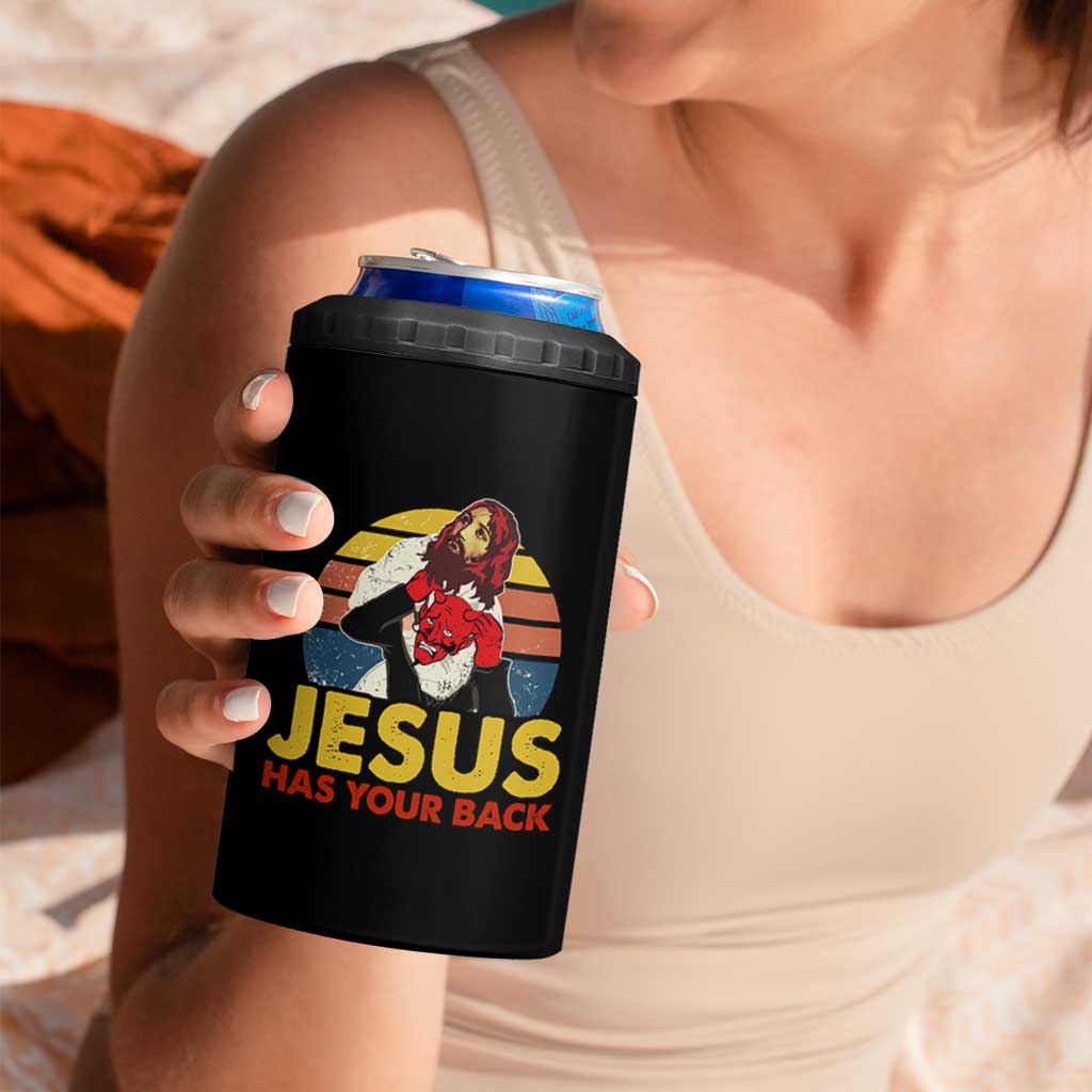 Funny Jesus Satan Meme 4 in 1 Can Cooler Tumbler Has Your Back Jiu Jitsu Retro Religious Christian